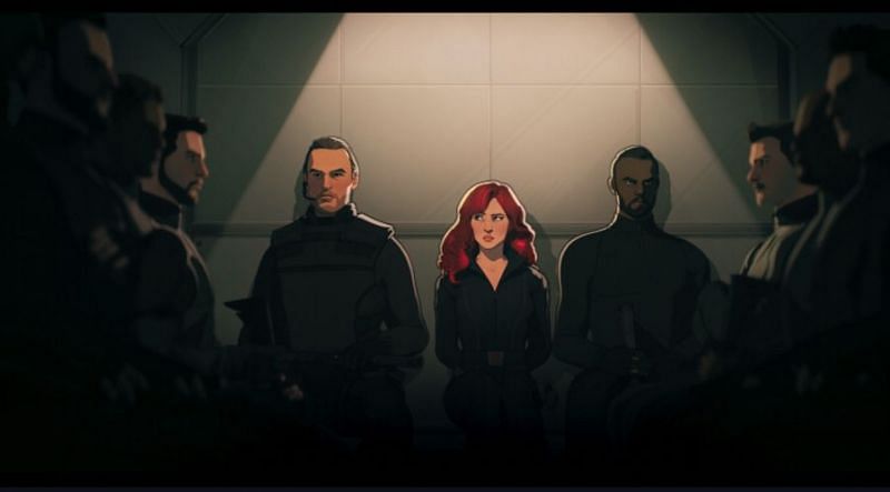 Natasha in a truck surrounded by Hydra sleeper agents (Image via Marvel Studios)