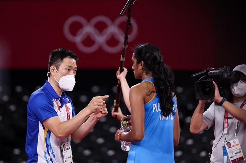 PV Sindhu getting tips from coach Park Tae Sang during the Tokyo Olympics