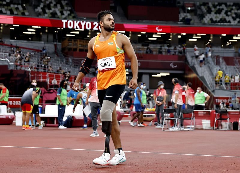 Sumit Antil looks on after one of his throws at the 2020 Tokyo Paralympics