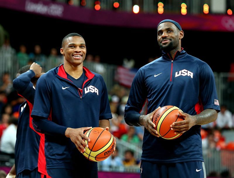 Russell Westbrook #7 and LeBron James of the United States in the 2012 Olympics.