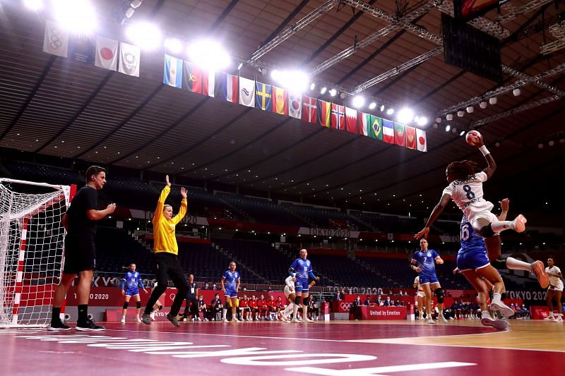 A women&#039;s handball match in progress at the Tokyo Olympics