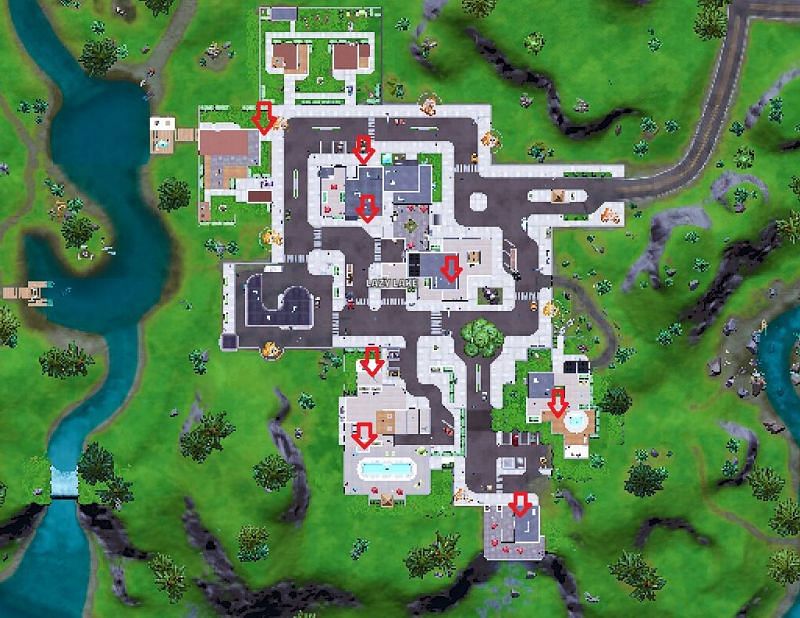 All vase of flowers locations in Lazy Lake (Image via Fortnite.GG)