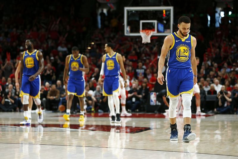Stephen Curry (rightmost) in Game 4 of the 2019 Western Conference Finals