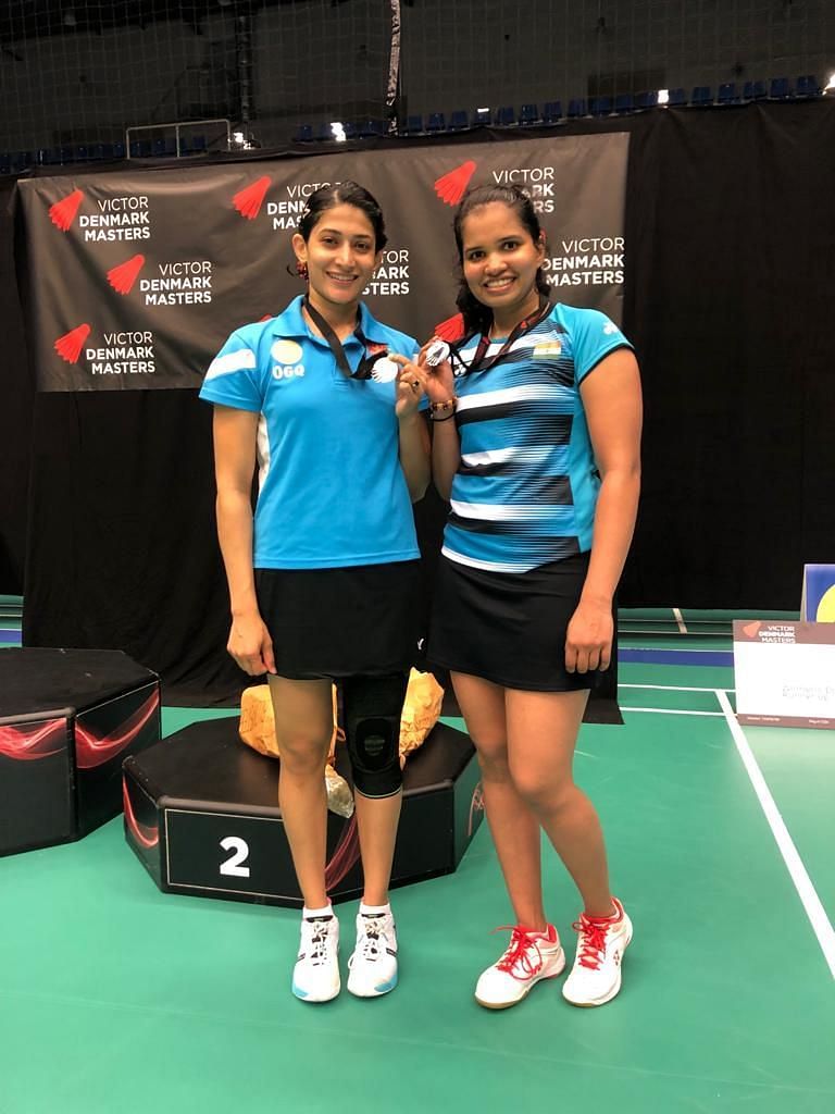 Ashwini Ponnappa (left) and N Sikki Reddy flashing their silver medal in Denmark on Sunday
