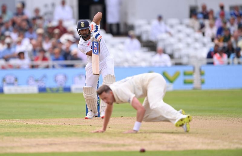 Rohit Sharma hits one past the bowler. Pic: Getty Images