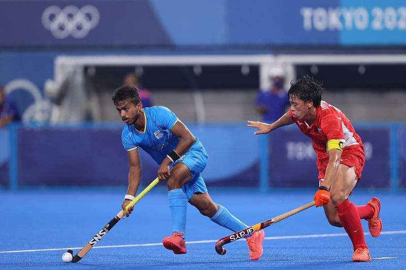 India&#039;s Vivek Sagar Prasad in action against Japan at the Tokyo Olympics 2021.