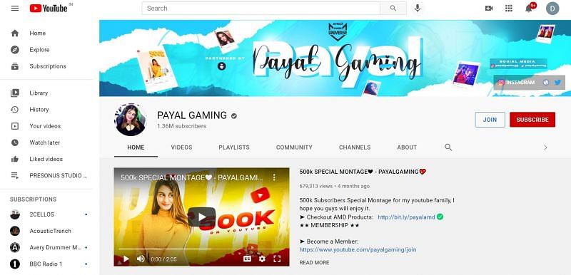 Payal Dhaare&#039;s YouTube channel (Image via Payal Gaming; YouTube)