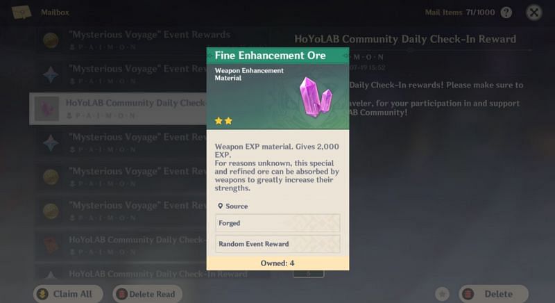 Fine Enhancement Ore from daily check-in (image via Genshin Impact)