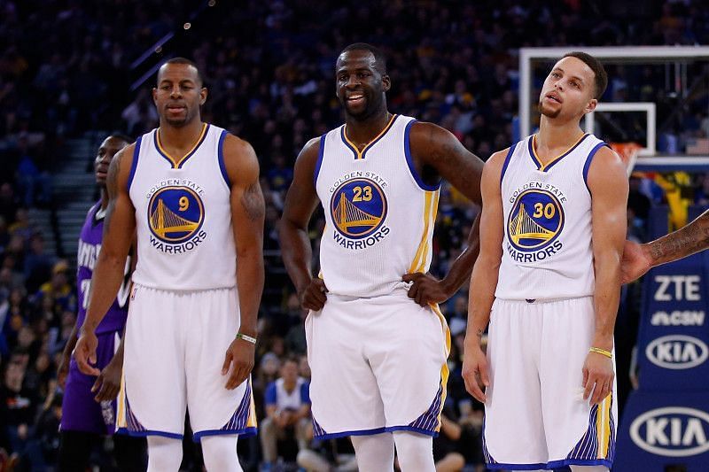 (from left to right) Andre Iguodala, Draymond Green and Stephen Curry of the Golden State Warriors