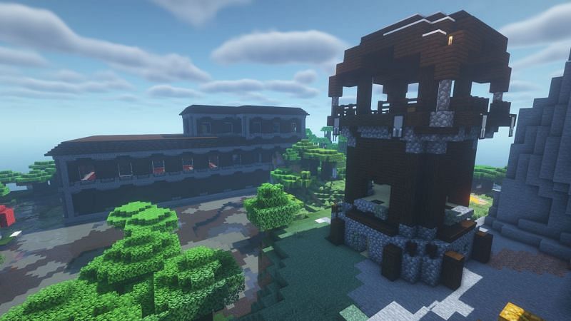 Pillager outpost and woodland mansion (Image via Minecraft)