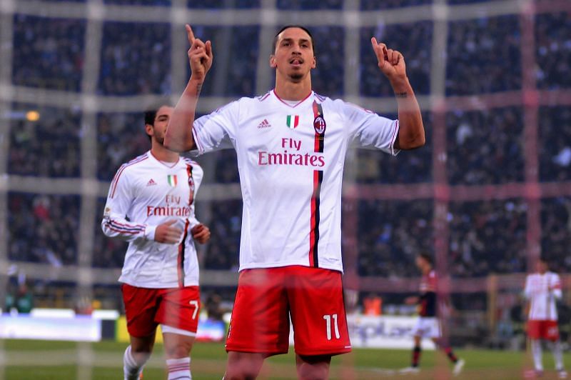 Ibrahimovic celebrates scoring for AC Milan during a Serie A match in 2011