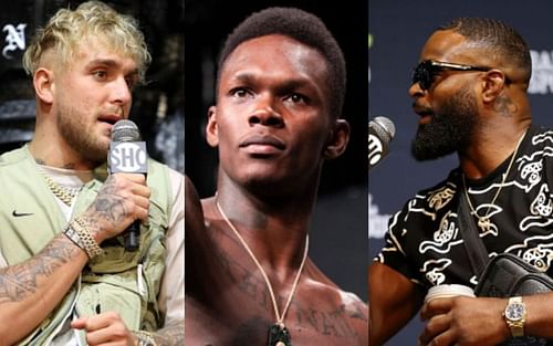 Jake Paul (left); Israel Adesanya (center); Tyron Woodley (right)