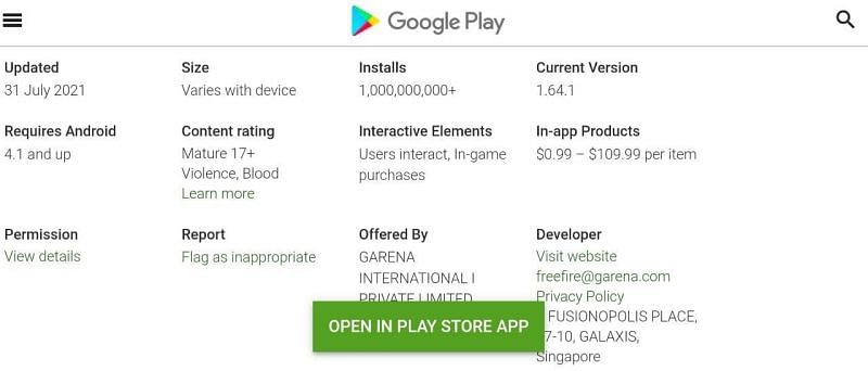 Free Fire details on the Play Store (Image via Google Play Store)