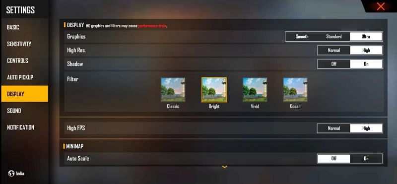 Free Fire&#039;s display settings (Image via Free Fire)