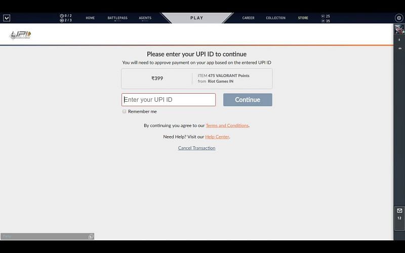 Enter UPI ID (Screengrab from Valorant)