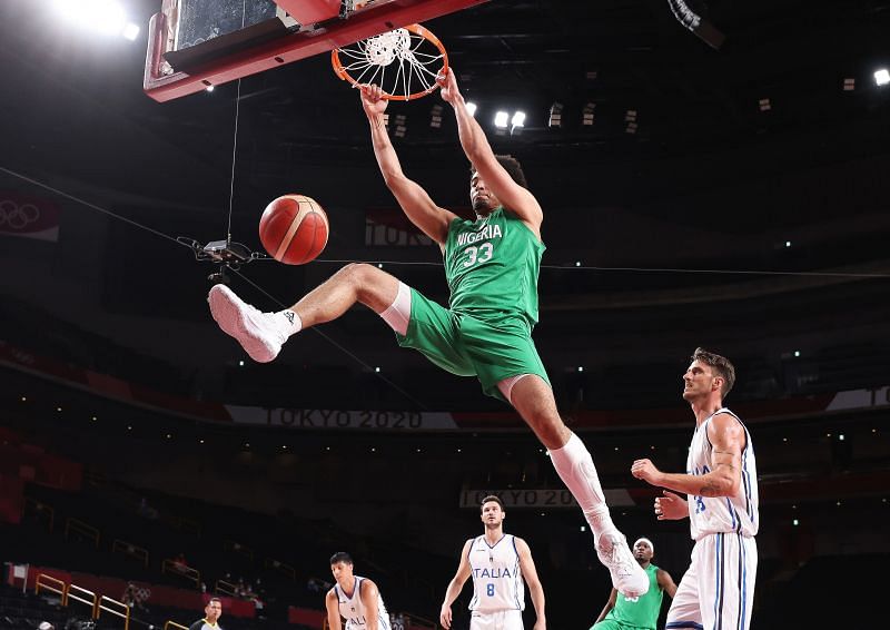 Jordan Nwora #33 of Team Nigeria dunks against Italy.