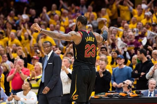 LeBron James #23 of the Cleveland Cavaliers celebrates.