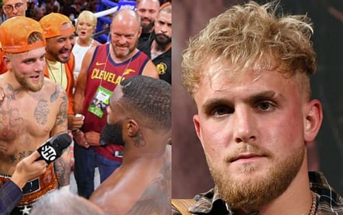 Jake Paul vs. Tyron Woodley post-fight interview (left); Jake Paul (right)