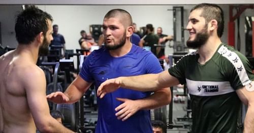 Khabib Nurmagomedov (center) and Islam Makhachev (right) [Image Courtesy: @khabib_nurmagomedov on Instagram]