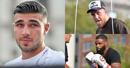 Tommy Fury (left), Jake Paul (top right) & Tyron Woodley (bottom right)