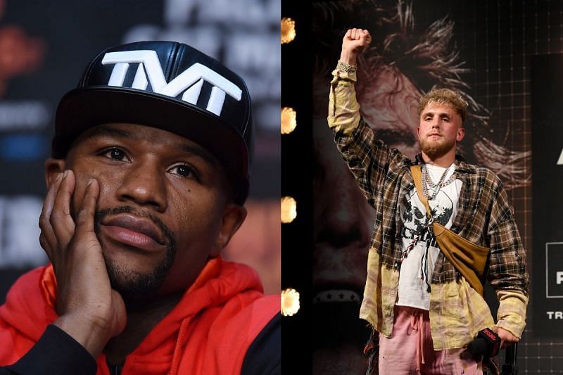 Jake Paul (right) flaunts his PPV success to arch-rival Floyd Mayweather (left)