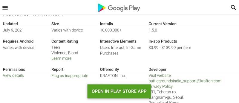 BGMI system requirements (Image via Google Play Store)