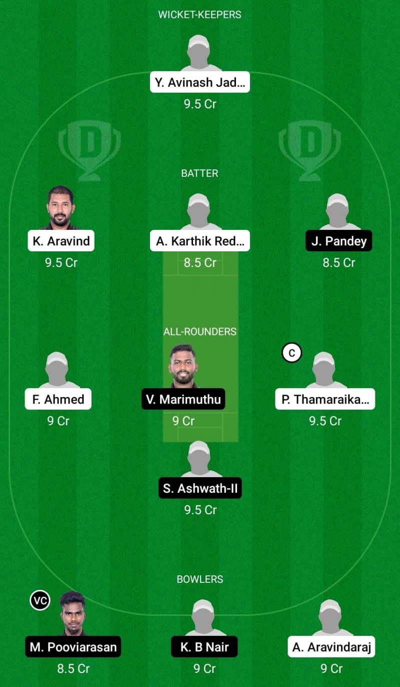 Dream11 Team for Tuskers XI vs Bulls XI - Pondicherry T20 2021 Match 17.