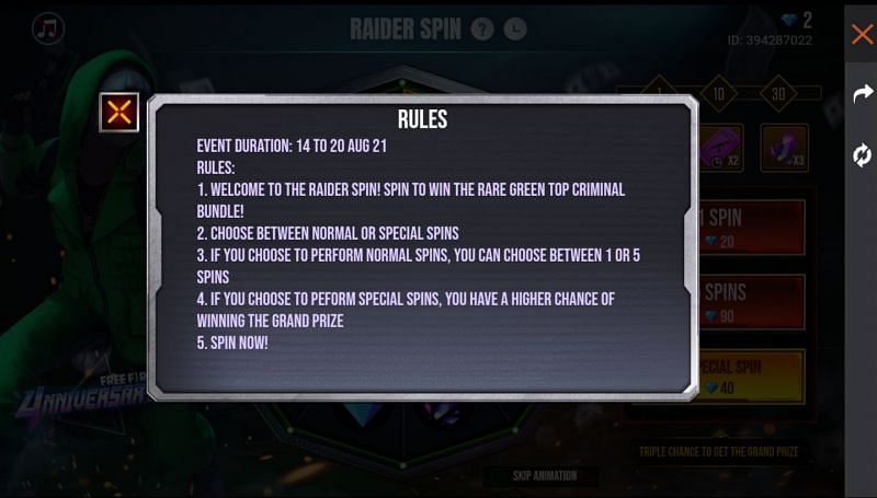 The official rules of the new Raider Spin event in Free Fire (Image via Free Fire)
