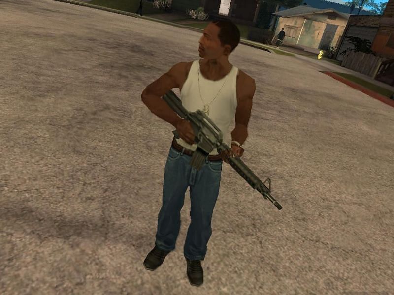 CJ, holding an M4  (Image via Rockstar Games)