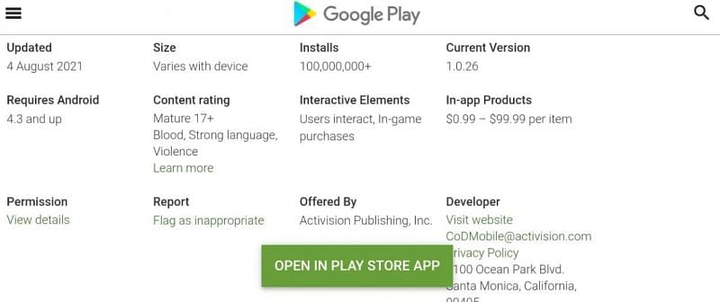 COD Mobile details on the Play Store (Image via Google Play Store)