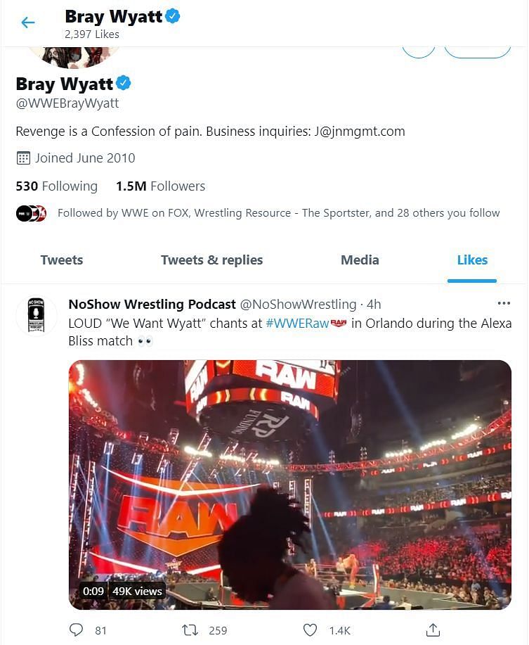 Screenshot of Bray Wyatt liking the tweet