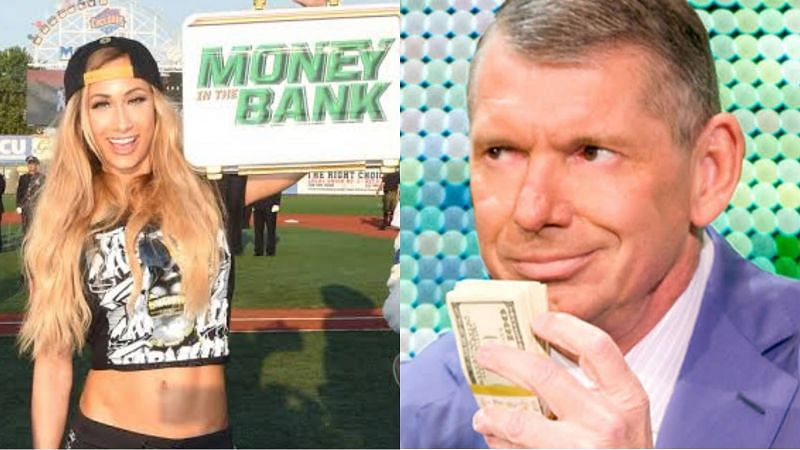Carmella with the WWE Money in the Bank briefcase (left) and Vince McMahon (right)