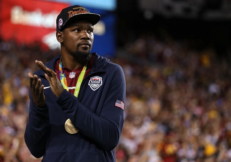 Kevin Durant in a Pittsburgh Steelers v Washington Redskins game after winning the Olympic gold