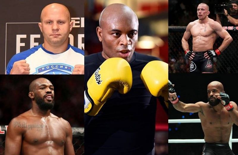 Fedor Emelianenko (top left); Jon Jones (bottom left); Anderson Silva (center); Georges St-Pierre (top right); Demetrious Johnson (bottom right)