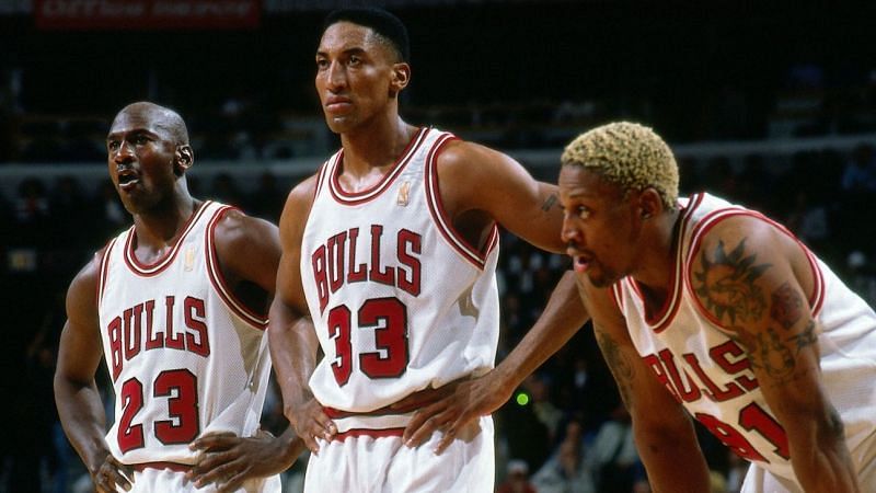 (from left to right) Michael Jordan, Scottie Pippen and Dennis Rodman with the Chicago Bulls [Source: EssentiallySports]