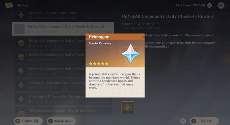 Primogems from daily check-in (image via Genshin Impact)