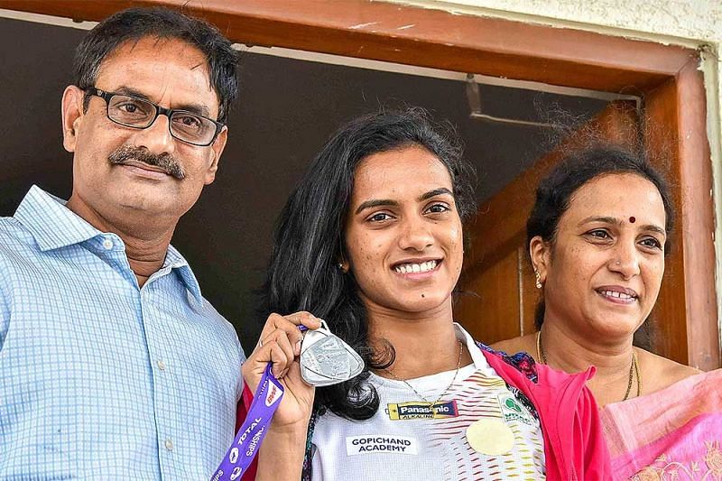 PV Sindhu with her parents at her Hyderabad home