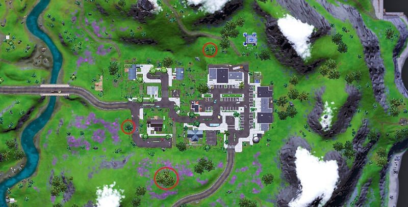 Aerial view of all Spy Probes location in Retail Row(Image via Fortnite.GG)