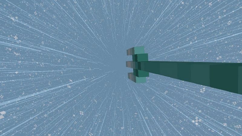 Blasting off into the sky with a trident enchanted with Riptide (Image via Minecraft)