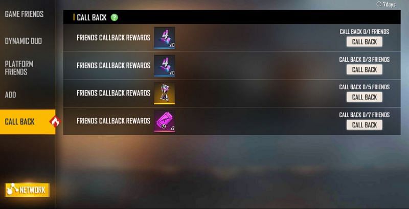 Rewards available in the Callback event (Image via Free Fire)