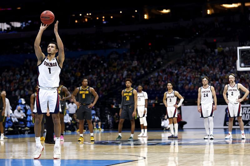 Jalen Suggs #1 shoots a free throw during the second half in the National Championship game.
