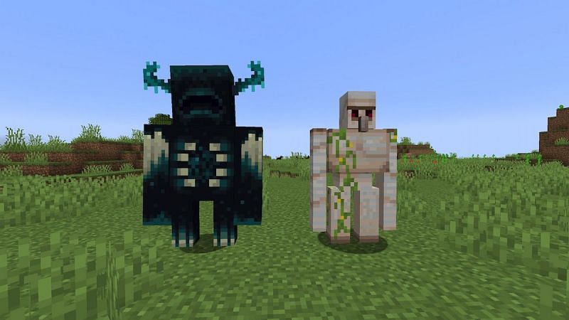 The Warden compared to an Iron Golem (Image via Minecraft)