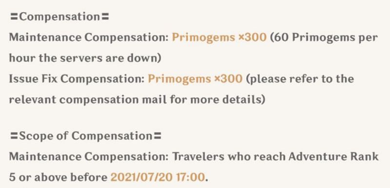 Update compensation (image via Genshin Impact)