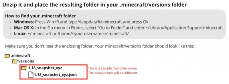 Unzip file into versions folder (Image via Mojang)