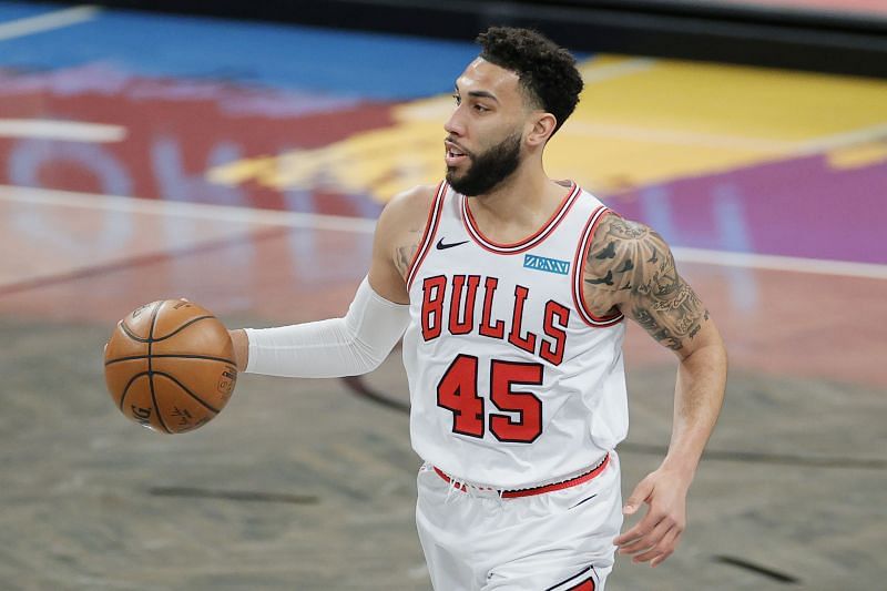 Denzel Valentine #45 dribbles during the first half against the Brooklyn Nets