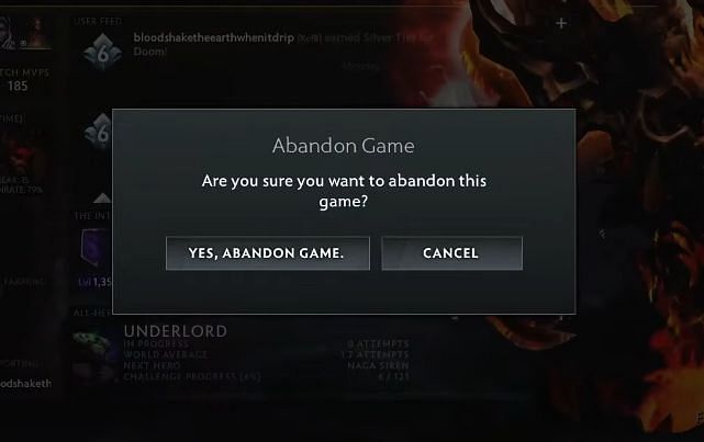 The &quot;abandon&quot; dialogue box of Dota 2 (Image via Valve)