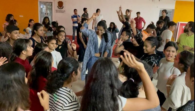 PV Sindhu dancing with the Suchitra Badminton Academy youngsters in Hyderabad on Wednesday