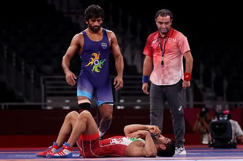 Bajrang Bajrang of Team India during the Men's Freestyle 65kg Quarter Final at Tokyo 2021 Olympic Games