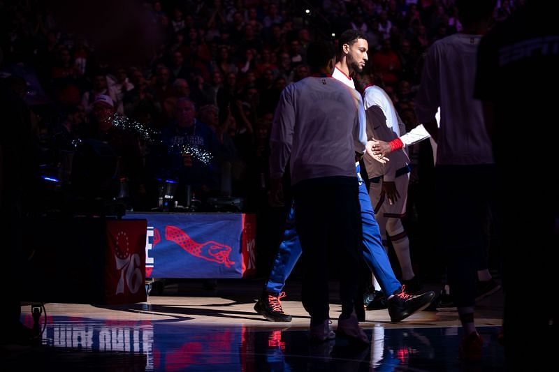 Ben Simmons #25 of the Philadelphia 76ers is introduced in the starting lineup before a game against the San Antonio Spurs
