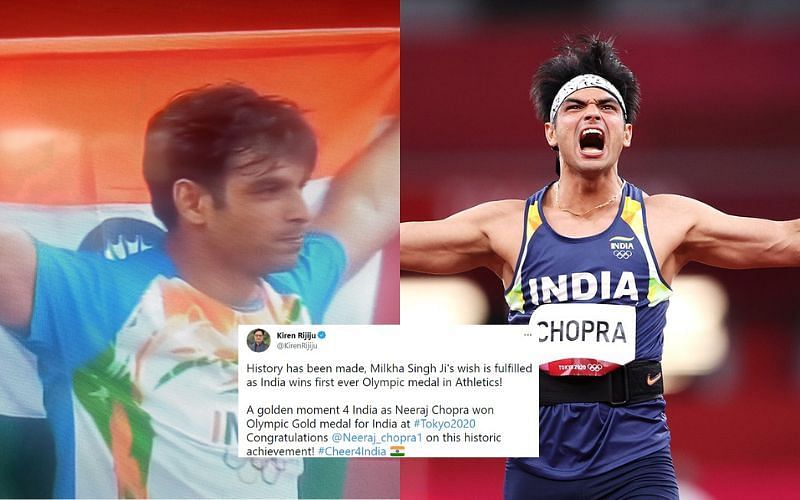 India&#039;s Neeraj Chopra wins gold at the Olympics [Image Credits: Team India/Twitter]